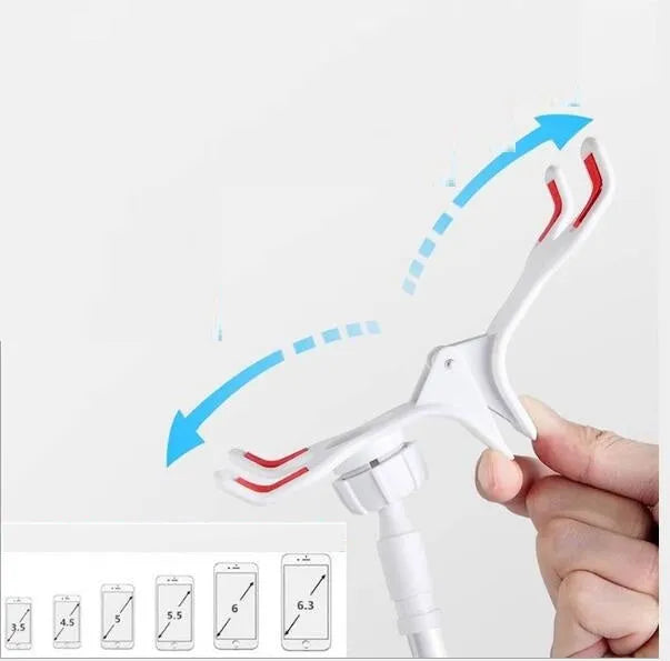 Lazy mobile phone bracket with spiral clip base and bendable alloy pipe in blue or pink, 80cm to 138cm