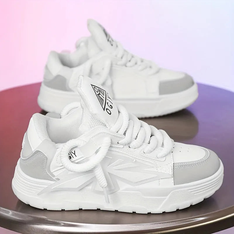 Men's white chunky sneakers with thick rubber sole and lace-up front