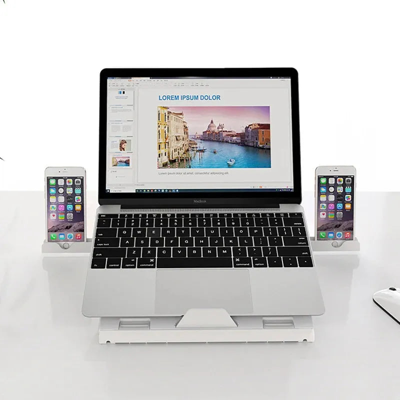 New folding laptop stand in black with 9-level angle adjustment, cooling slot, and phone holder for 10-15.6 inch laptops