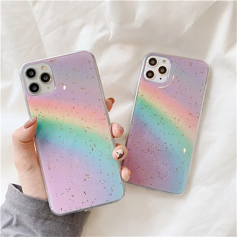Rainbow gradient iPhone case with striped design on TPU protective shell