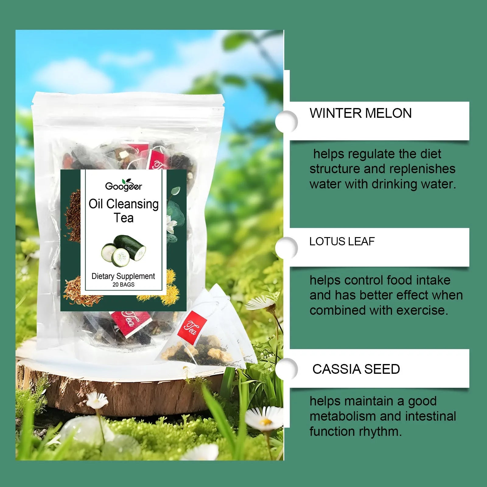 Googeer Oil Cleansing Tea Body Treatment box containing 20 individual herbal tea bags.