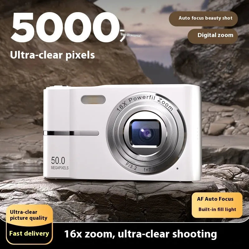 Student mini digital camera in black, green, pink, or white showing compact 90mm design with manual controls