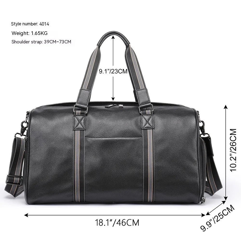 Men's genuine leather large capacity travel bag in brown with fold-over design and metal buckle