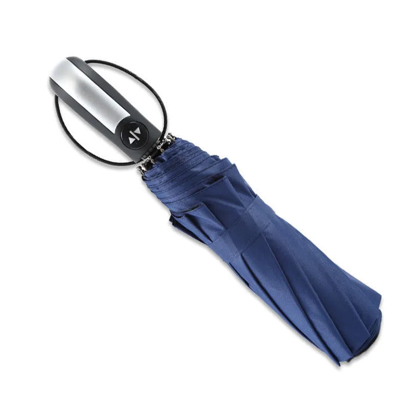 Black triple folding automatic sun-shade umbrella with steel ribs, shown open.