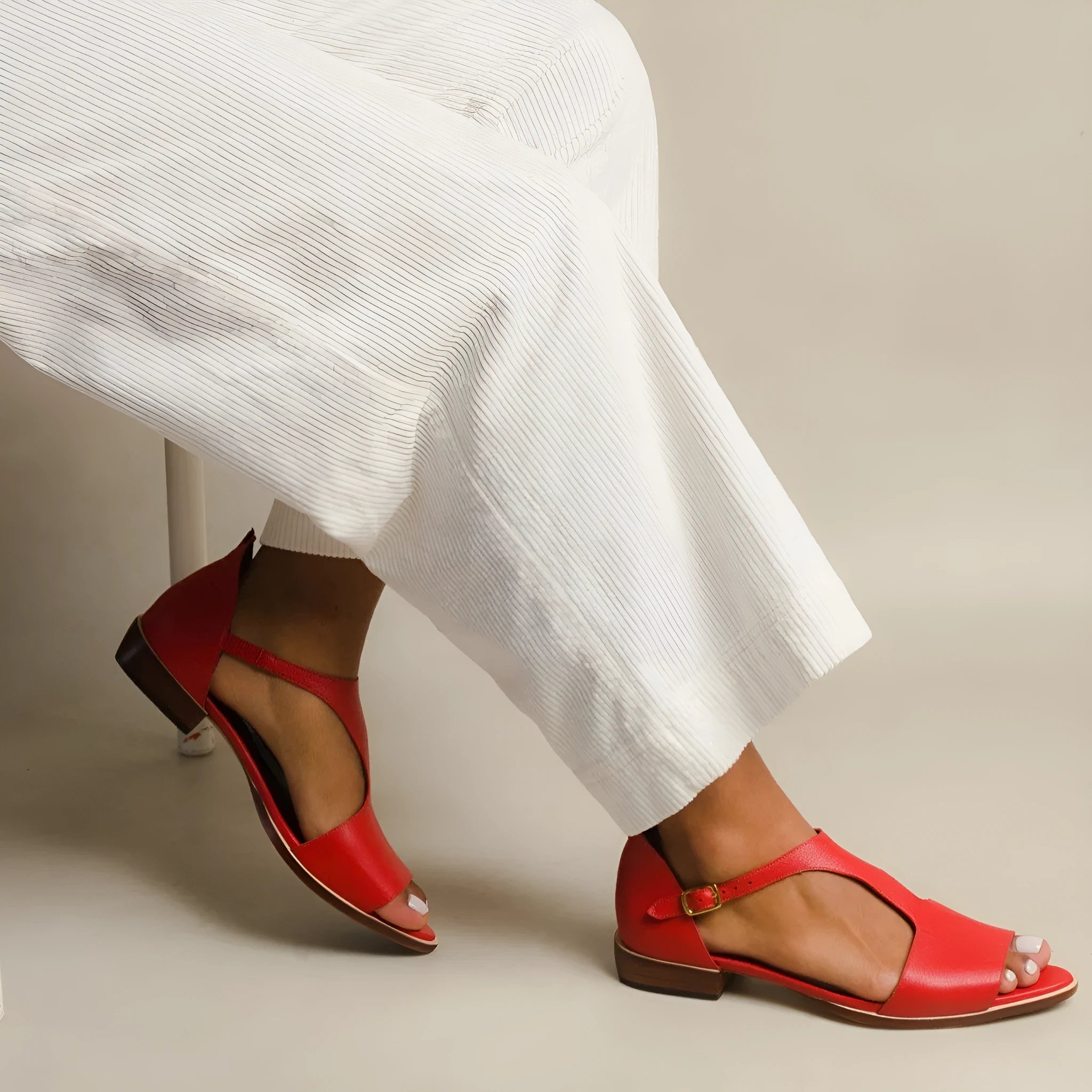 Red plus size women's sandals with square buckle and herringbone toe pattern