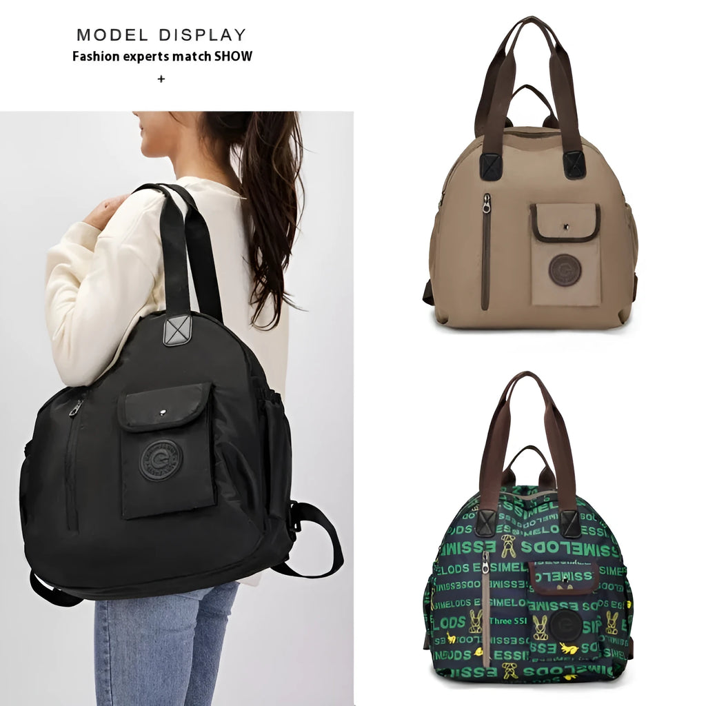 Nylon women's backpack in black, khaki, or green letter rabbit, showing sandwich pocket and large 48cm height.