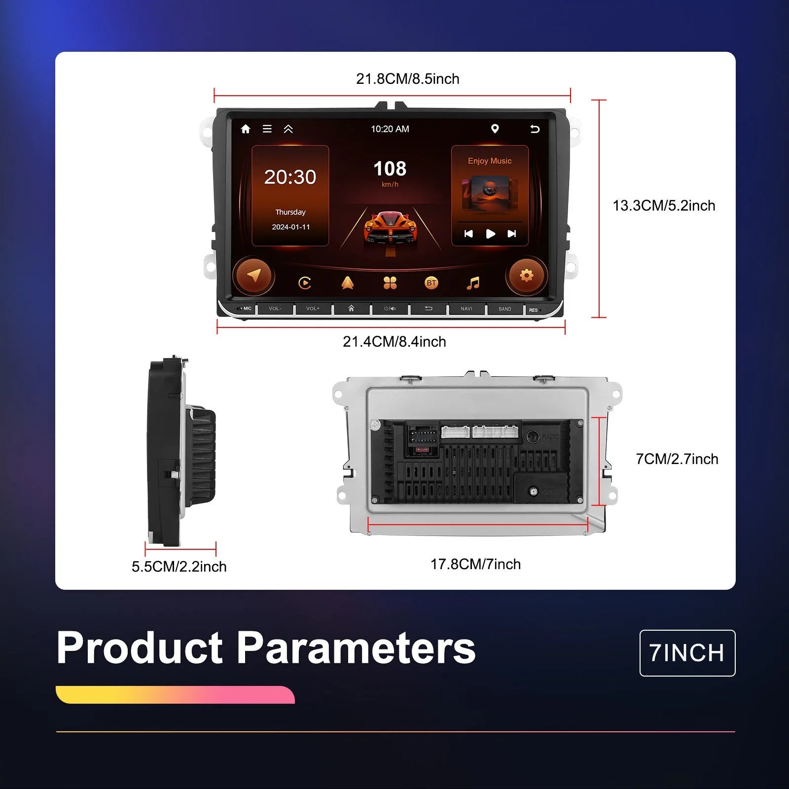 7-inch Android car stereo with wireless CarPlay and Android Auto for Volkswagen vehicles
