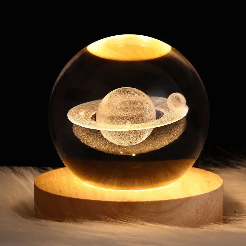6cm crystal ball LED night light showing a 3D galaxy planet design, powered by a USB cable.