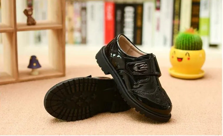 Boys' black shiny microfiber leather shoes with rubber sole round toe