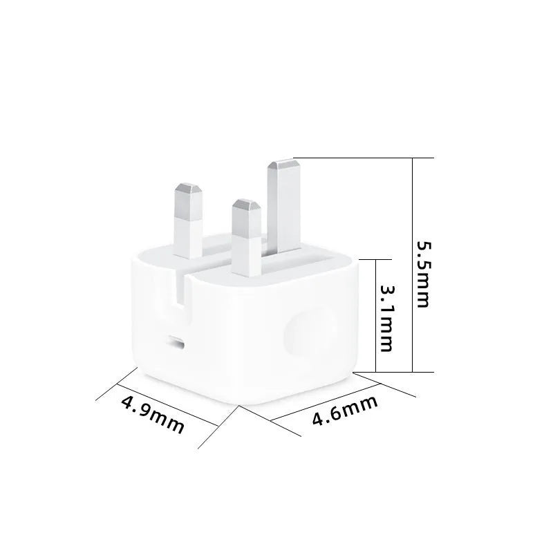 White 20W PD fast charger with UK three-pin plug and Type-C charging cable