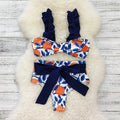 Women's Blue Leaf Orange printed high waist bikini swimsuit with sleeveless briefs design