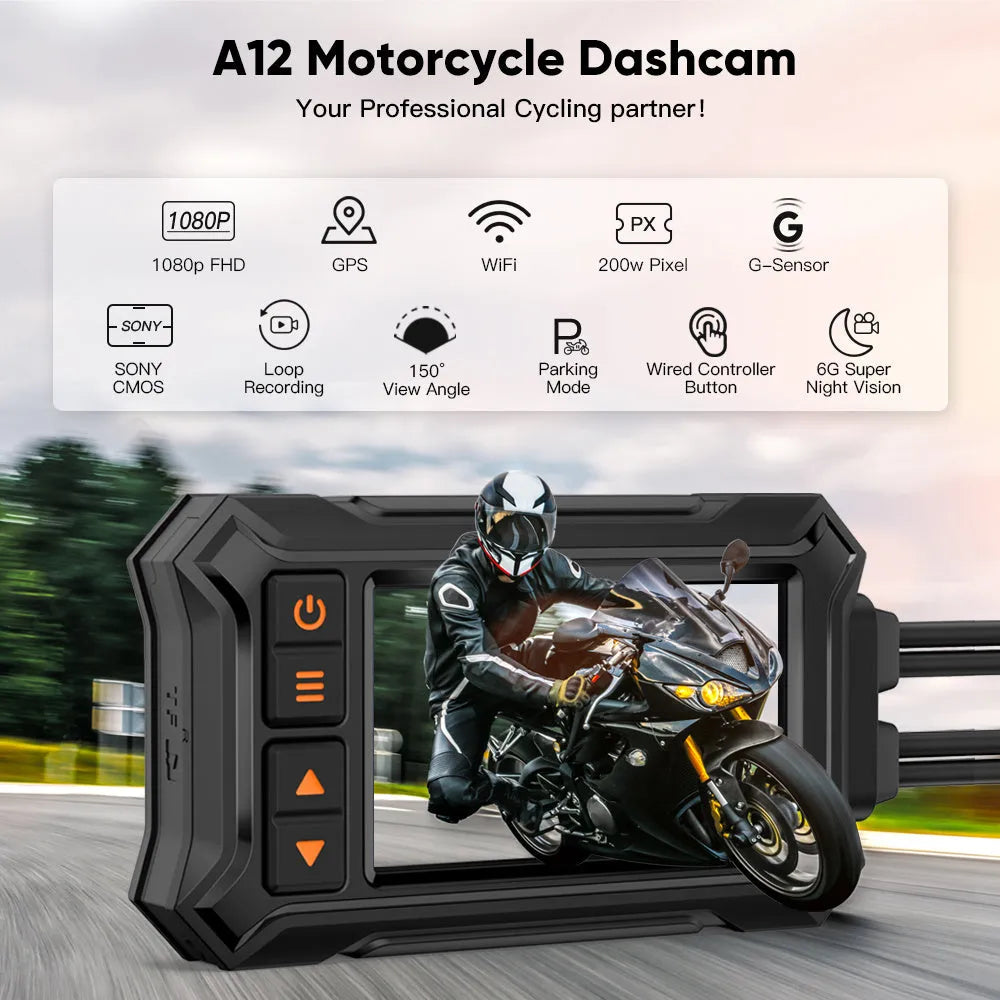 Motorcycle dash cam with 3-inch screen, dual cameras, and GPS module for front/rear recording and route tracking