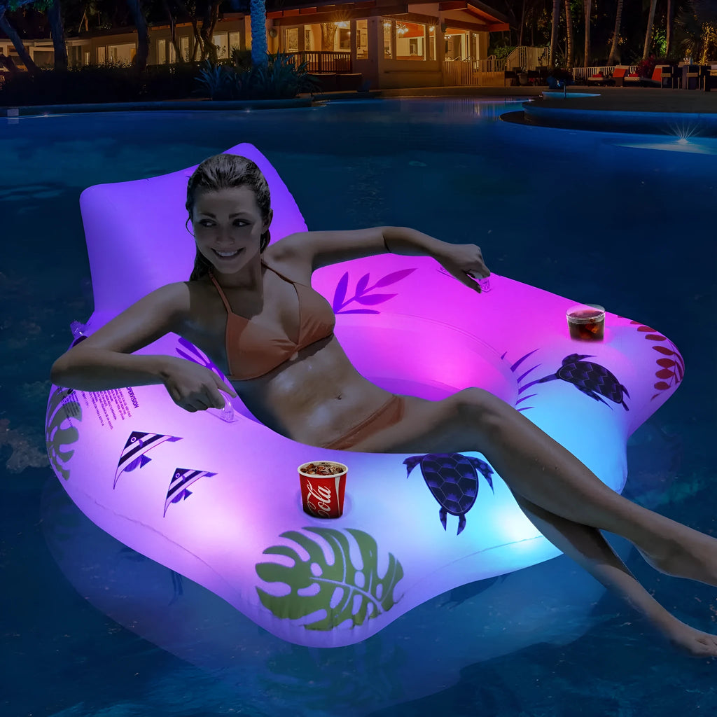 White luminous U-shaped inflatable float on water, showing recliner seat design.