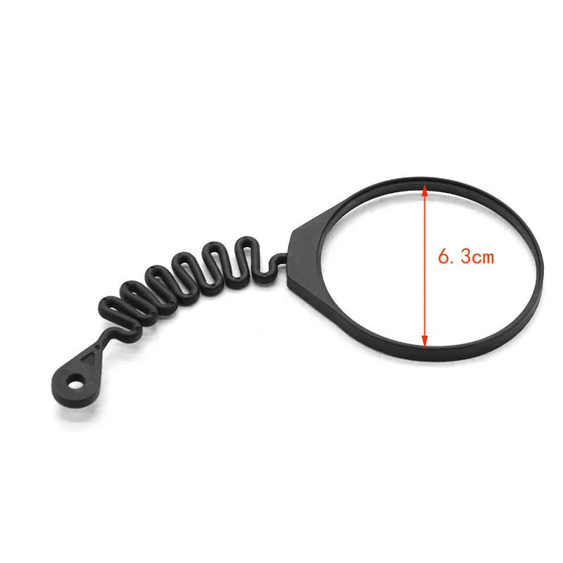 Black rubber fuel cap tether for Volvo vehicles shown in circular band and separate rope styles.
