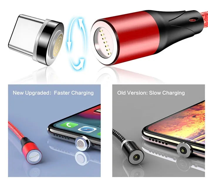 Magnetic USB-C fast charging cable with side light feature in black, red, or silver colour options