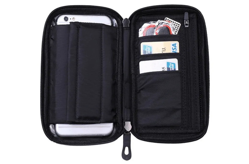 Black nylon cycle mobile phone bracket bag with 6.0 inch screen window, water resistant, anti-glare visor, and tool-free adjustable base