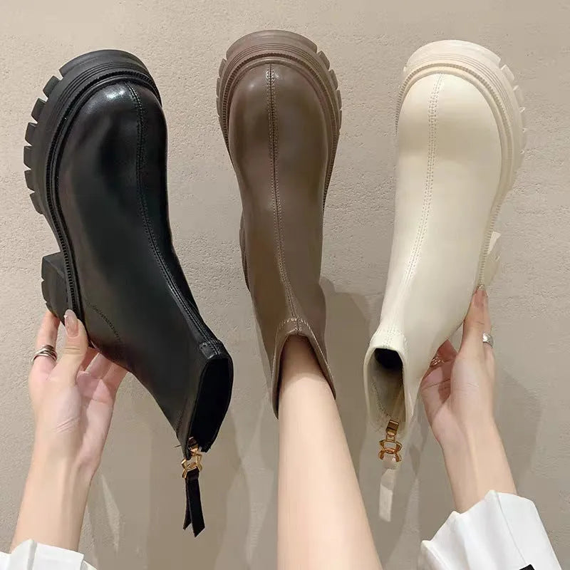 White height-increasing platform ankle boots with thick sole, round toe, square heel, and back zipper for women
