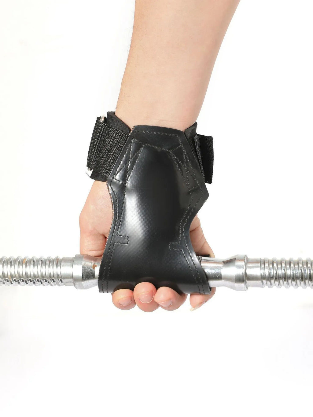 A pair of black rubber booster hoses for weightlifting grip and palm protection.