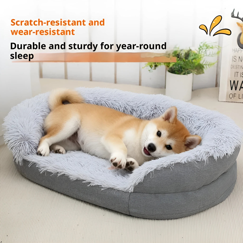 Winter warm pet plush large kennel for dogs, grey oval open nest bed