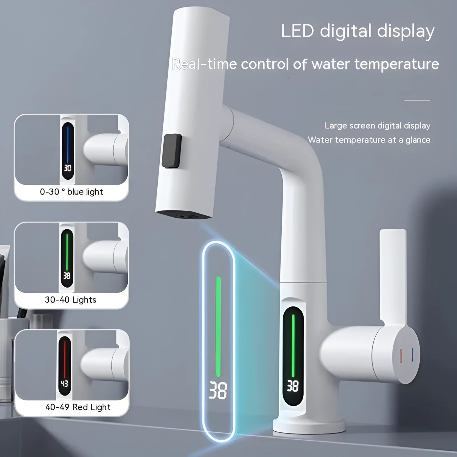 Digital display pull-out faucet showing water temperature with extendable hose