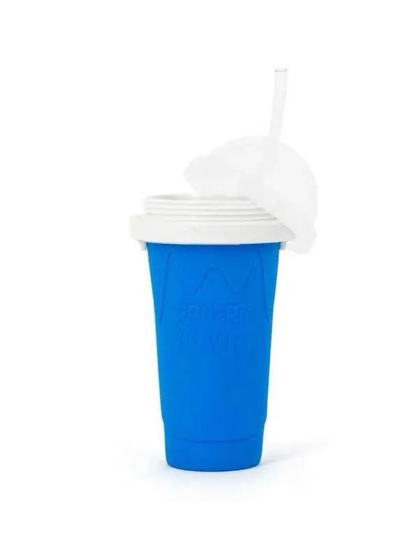 Blue quick refrigeration pinch cup with double-layer silicone construction for making slushies.
