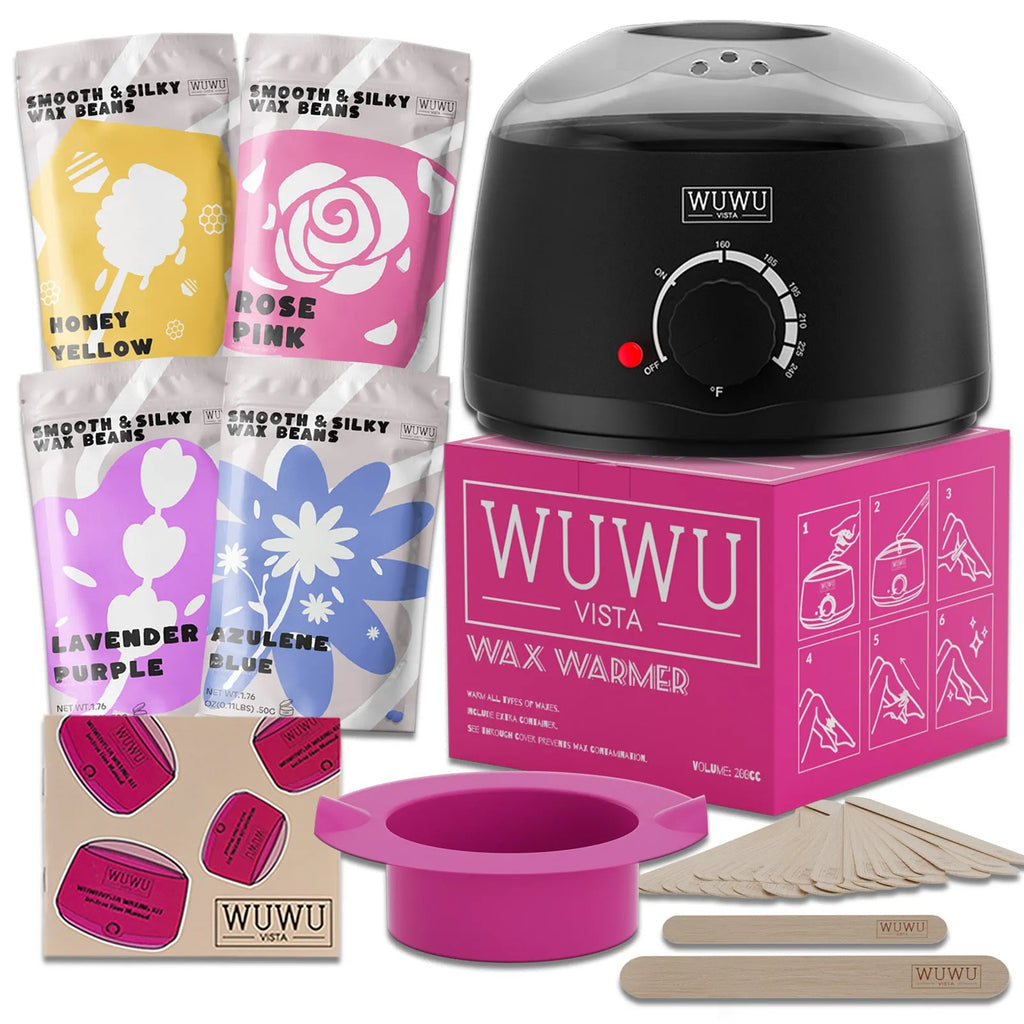 27-piece hair removal waxing kit showing electric heater, four coloured wax beads, wax sticks, and guidebook