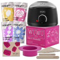 27-piece hair removal waxing kit showing electric heater, four coloured wax beads, wax sticks, and guidebook