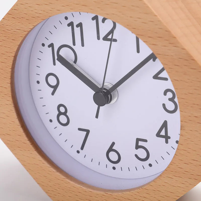 Polygonal beech wood alarm clock with luminous display, brown white finish, compact 9.5cm size