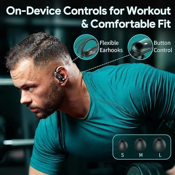 Black wireless Bluetooth headphones with ear hook silicone design and digital display
