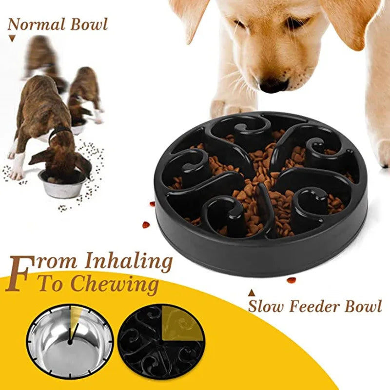 A coloured slow feeder dog bowl with a maze pattern and non-slip base, suitable for large, medium, and small dogs.