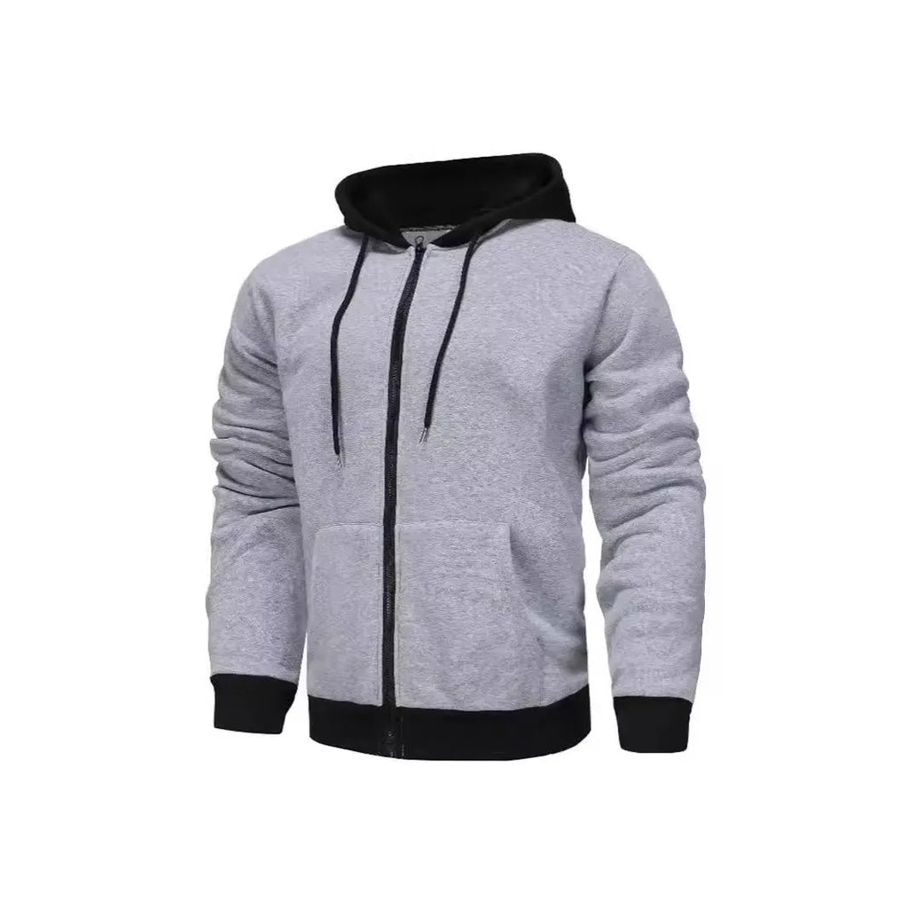 Man wearing a black zip-up hooded cardigan with a contrasting grey hood and wool lining.