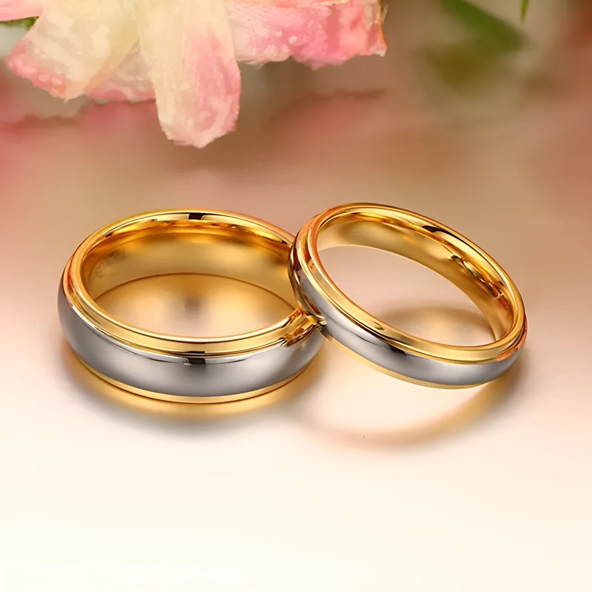 Tungsten steel couple gold ring in male and female styles for engagement or fashion wear