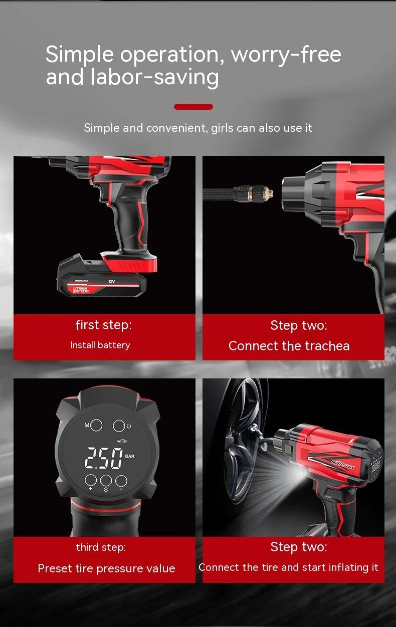 Red and black portable car tyre inflator with digital display and multiple nozzle attachments on a black background