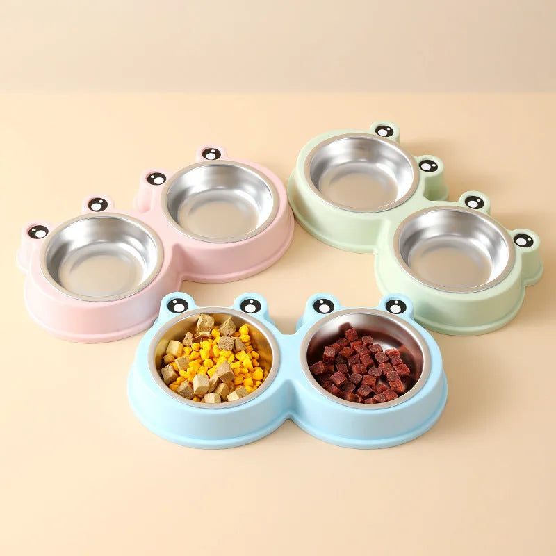 Blue stainless steel double pet bowl for cats and dogs with non-slip rubber base.
