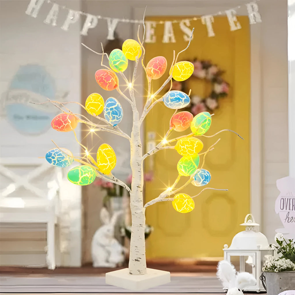 60cm LED Easter birch tree light with warm white LEDs and cracked egg ornaments on adjustable branches