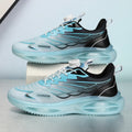 Unisex casual running shoes in black gold, sky blue, and white colours, showing low top design and mesh upper.