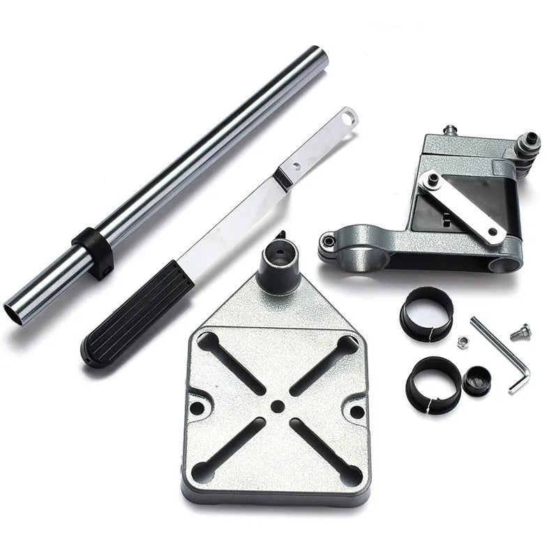 Adjustable mini drill stand for home bench, black, with aluminium base and carbon steel column supporting a power drill