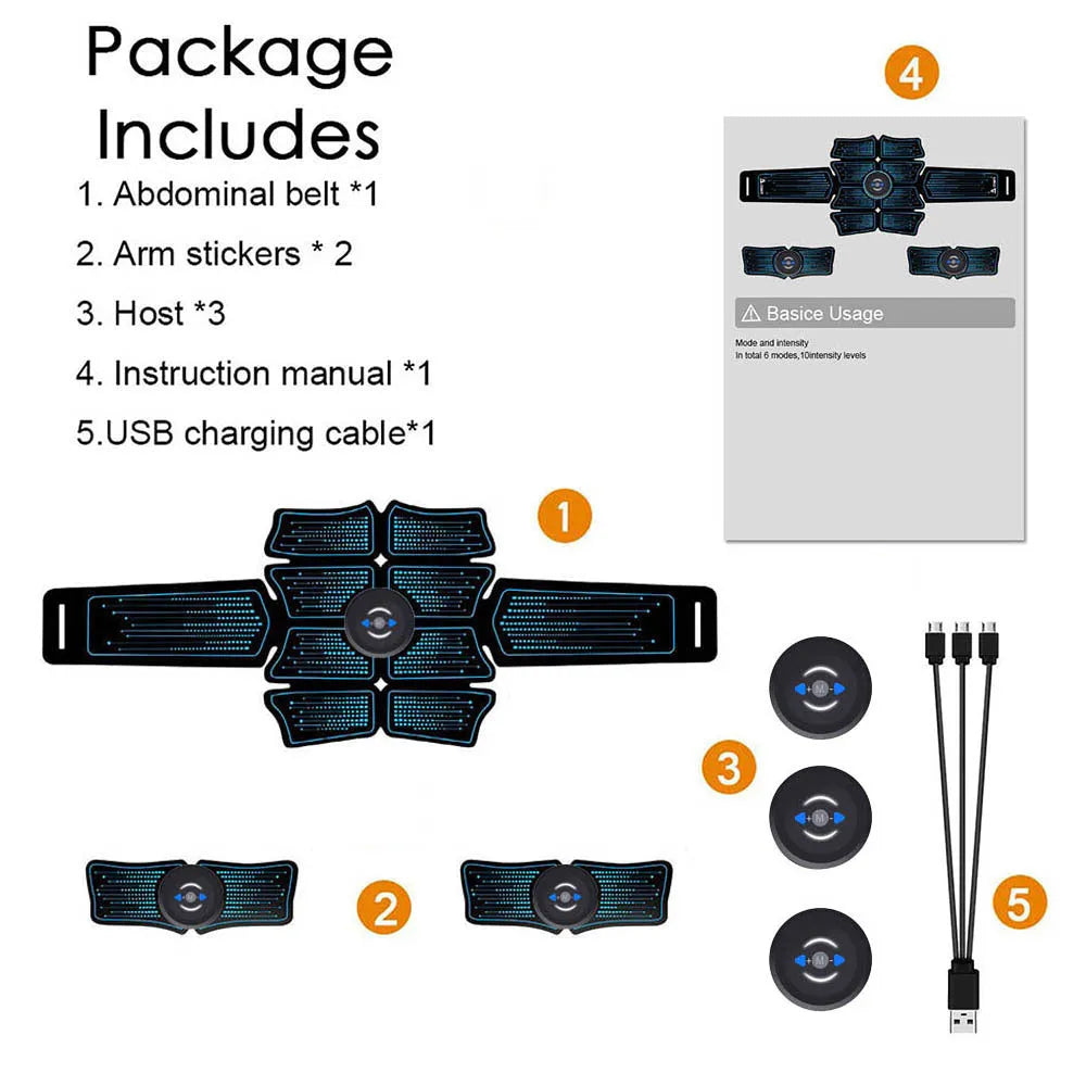 EMS abdominal muscle stimulator belt with remote and two arm belts on a white background