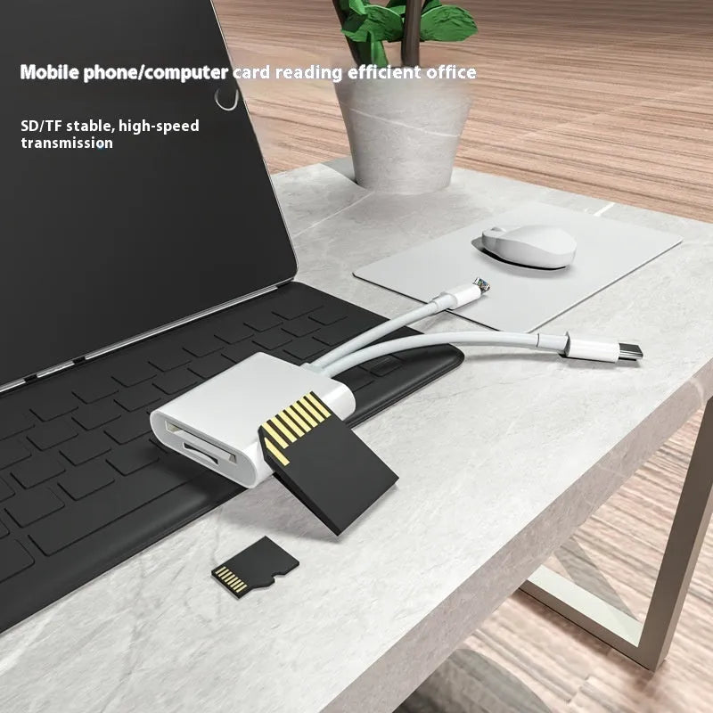 Type-C OTG SD TF memory card reader adapter cable with ABS shell and TPE line, 14.5 x 4 x 1.1 cm, in pearlescent bag