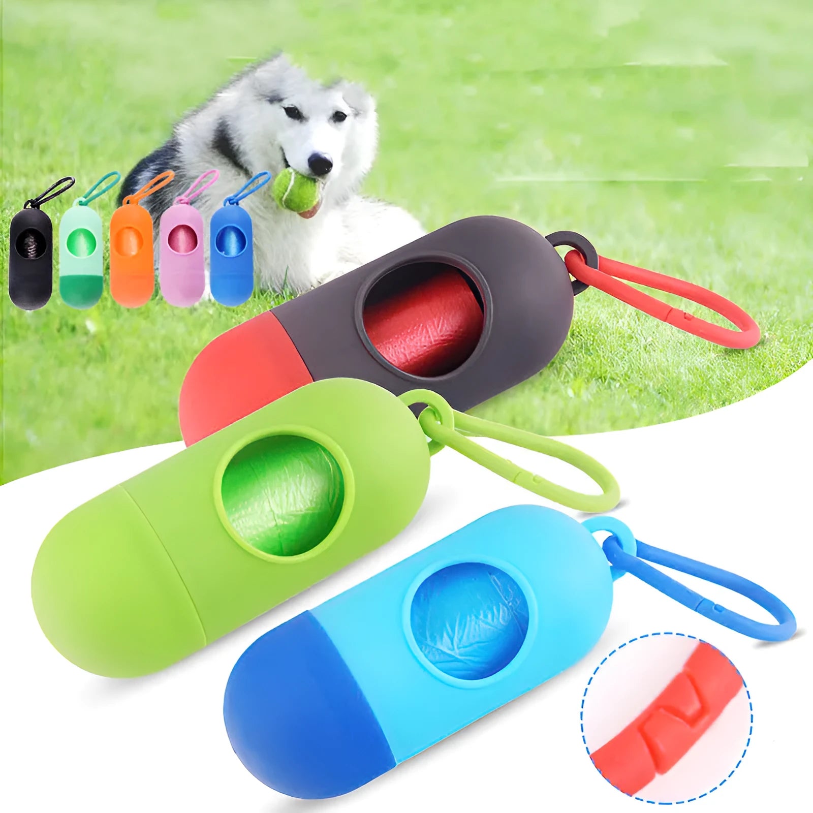 Dog waste bag dispenser with Velcro strip and side metal hook attachment