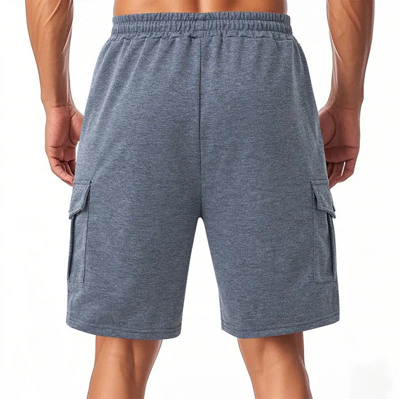 Light grey sports cargo shorts with multiple pockets in loose casual fit