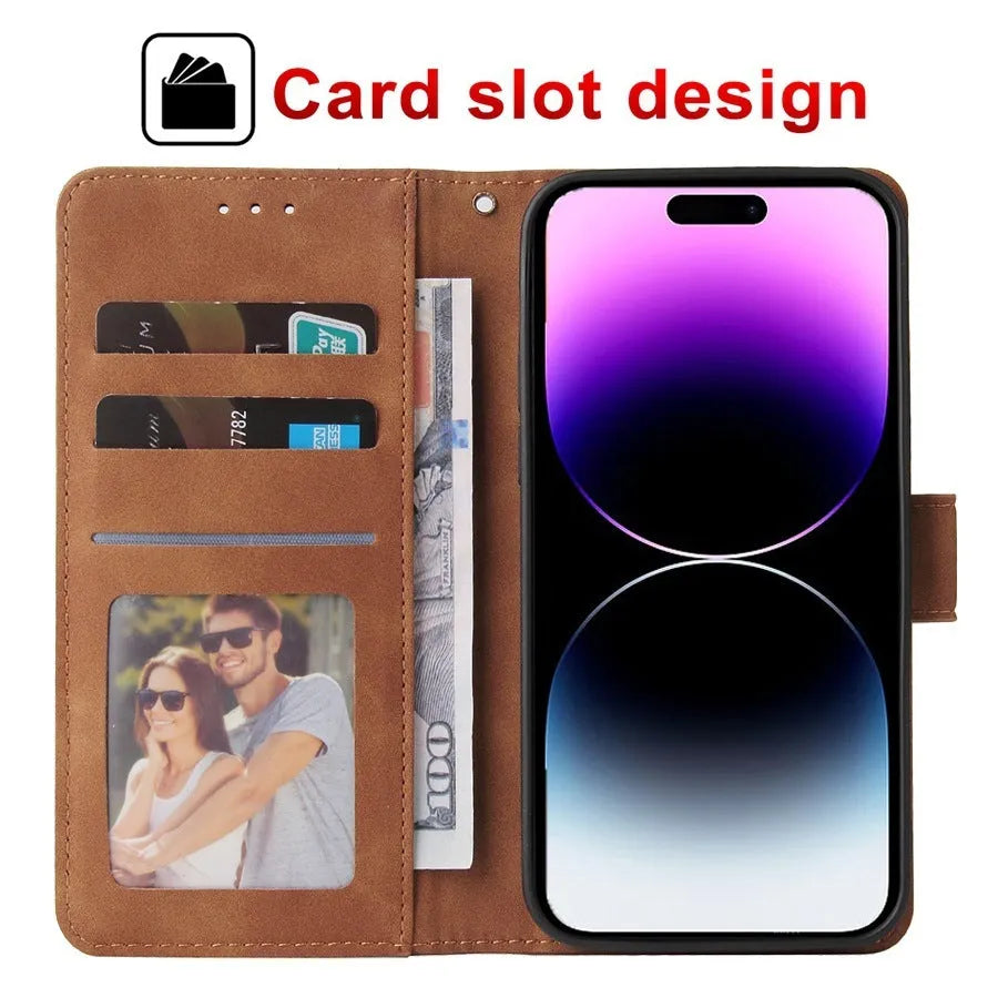 Flip case wallet card holder for iPhone 15 in brown with card slots and stand open