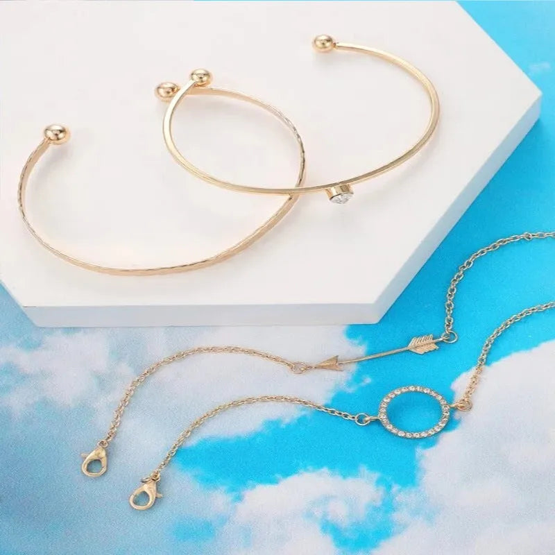 Women's 4 piece rhinestone round arrow bracelet set in electroplated alloy, European and American style