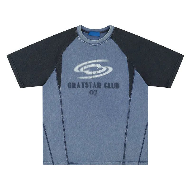 Men's blue hip hop letter print cotton T-shirt with raglan sleeves and loose fit design