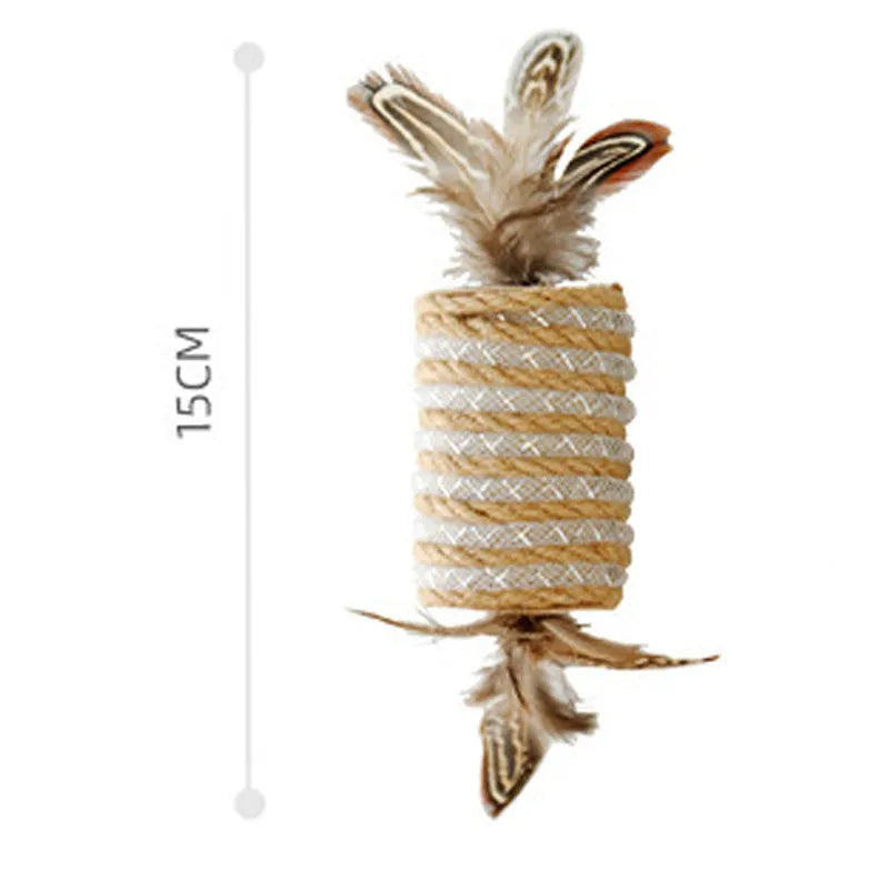 Beige cat toy with hemp rope scratching area, sound-making roller ball, and feather attachments.