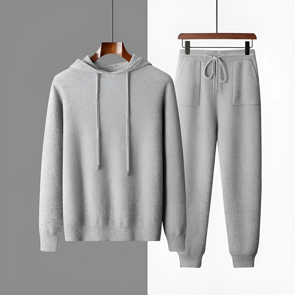 Men's light grey cashmere hooded sweatshirt and trousers leisure set on mannequin