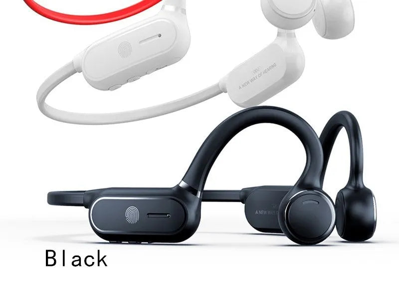 Black air conduction Bluetooth wireless earphone with a flexible titanium alloy frame and touch controls.