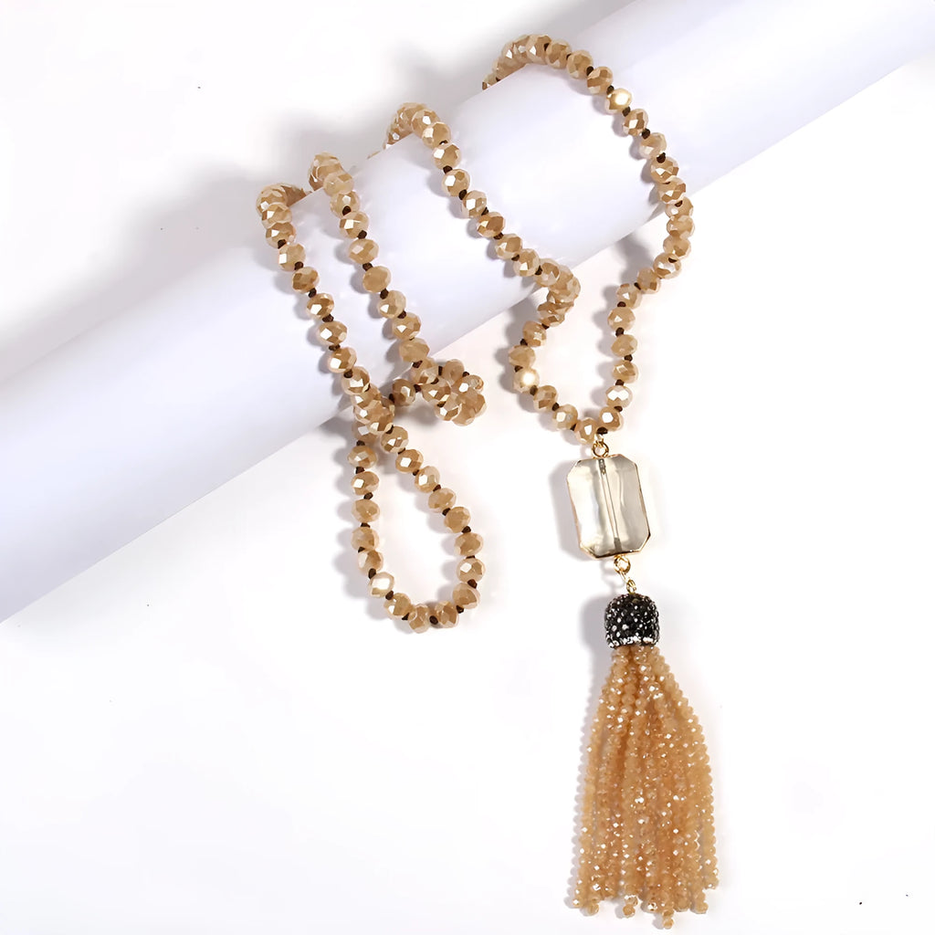 Square glass pendant necklace with glass tassel, electroplated finish, knot chain, 81cm length, bohemian style