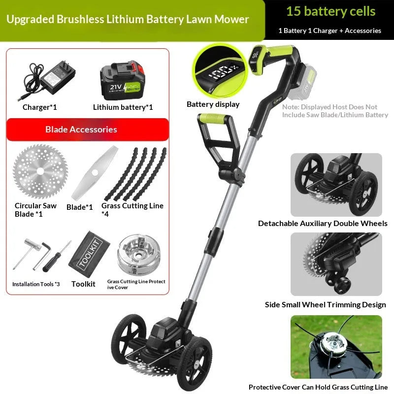 Electric brushless lithium garden lawn mower with steel and aluminium construction, multi-wheel assistance, 500W motor