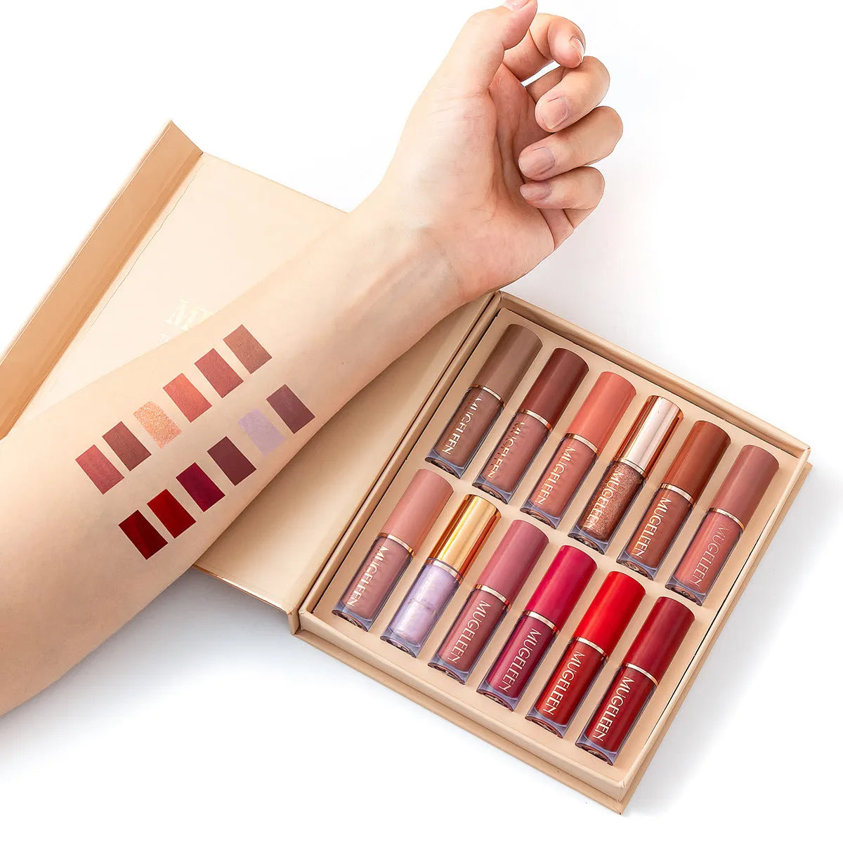 12-piece matte shimmer lip glaze set with nonstick cup property shown in packaging.